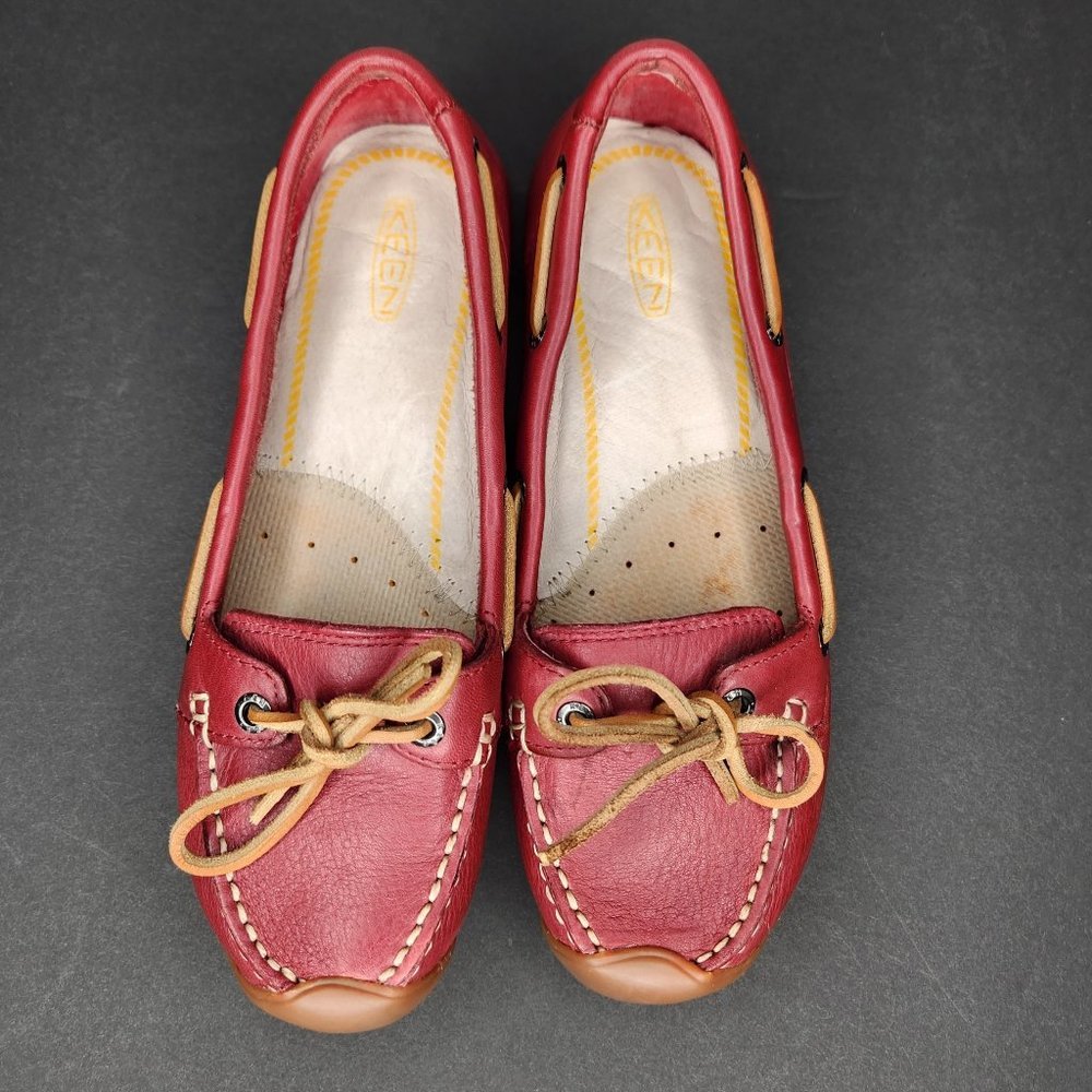Keen Women's Red Leather Boat Shoes with Tan Laces